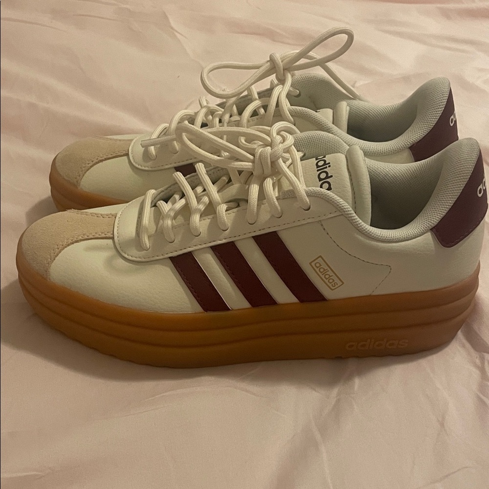 Adidas White and Burgundy Sneakers with Gum Sole